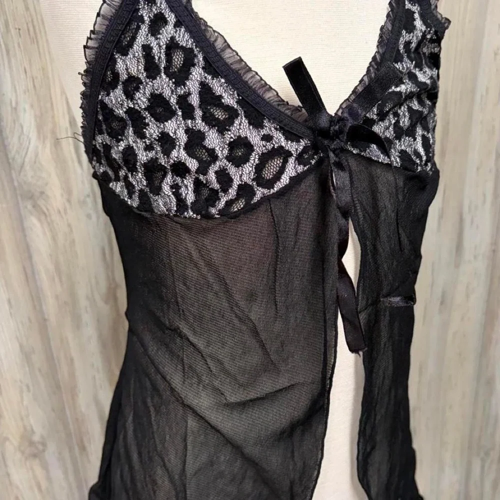 Sheer Black Mesh Leopard Print Lace Open Front Babydoll Top One Size